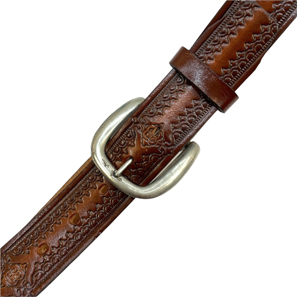 Mens Belt Brown Embossed Leather 36-39" Holes Silvertone Buckle‎ Unbranded